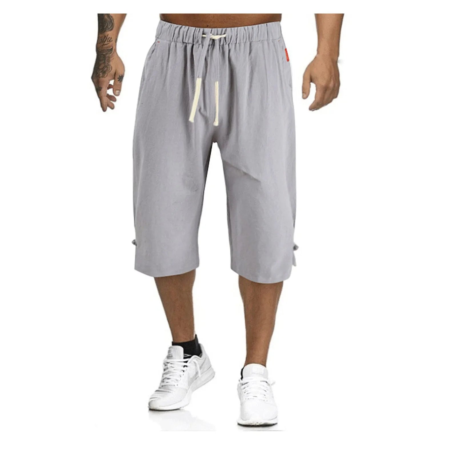 Cotton Linen Men'S Loose Tie Casual Pants Elastic Waist Beach Pants Linen Cropped Pants