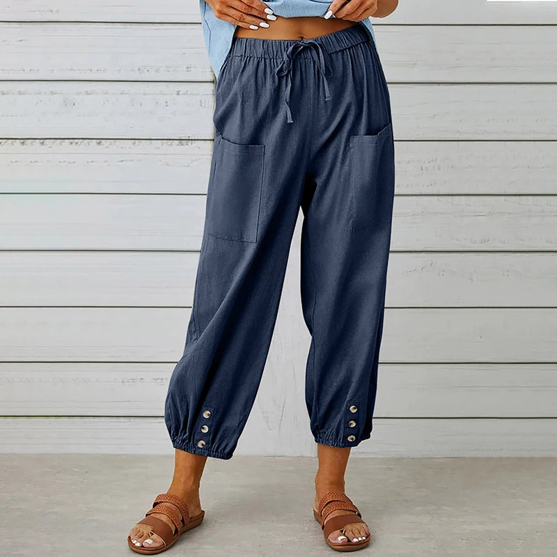 Cotton Linen Harem Pants Women Casual Elastic High Waist Lace Up Loose Ankle Trousers Vintage Harajuku Wide Leg Straight Pants