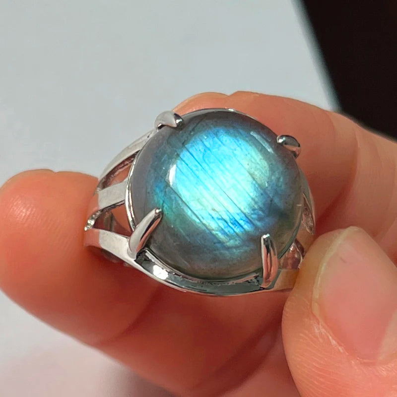 Ring Natural Stone Round Bead Blue Labradorite Adjustable Finger