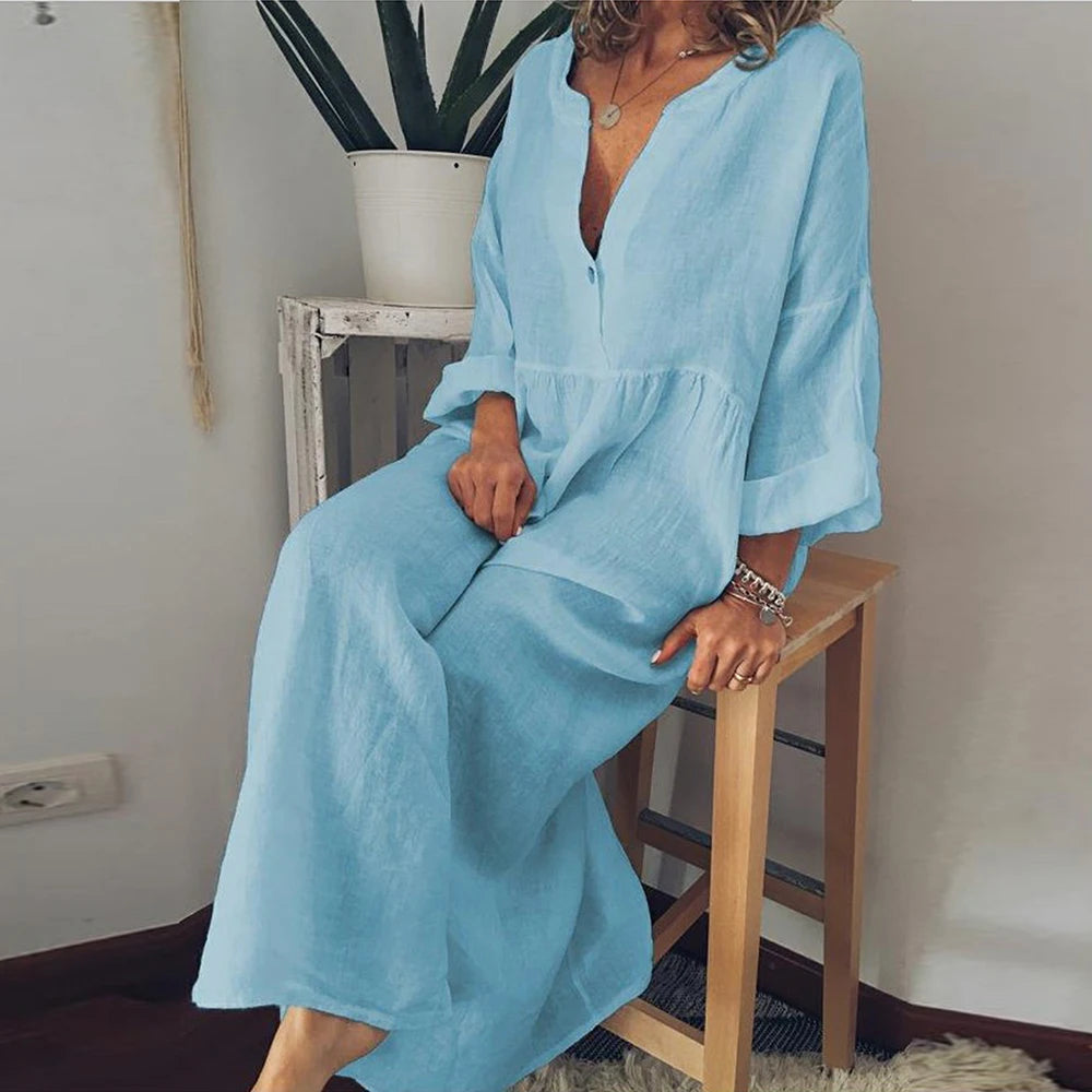 Cotton Linen Long Dress for Women 2024 Summer Sexy Casual Short Sleeve Slim Fit Loose Shirt Dress Beach Female Clothing Vestido