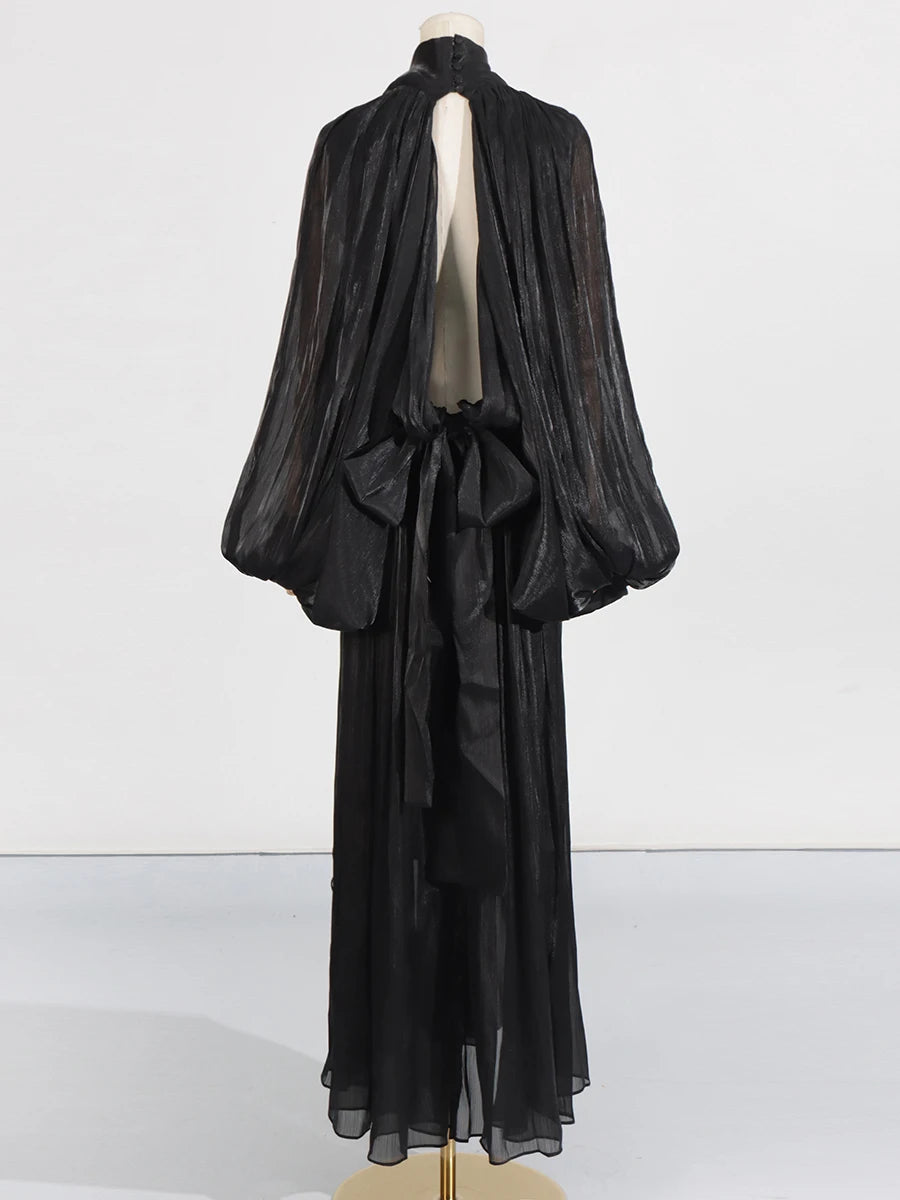 VGH Minimalist Spliced Folds Maxi Dresses for Women Scarf Collar Lantern Sleeve Loose Waist Casual Temperament Dress Female New