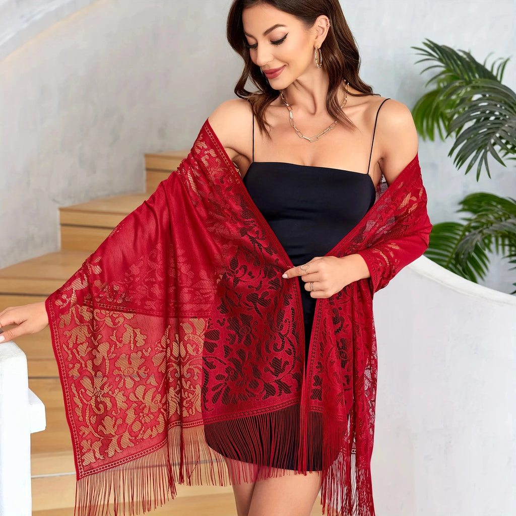 Lace Hollow Hijab Out Shawl Solid Color Tassel Thin Scarf Elegant Outside Dress Shawl For Women Evening Party Prom