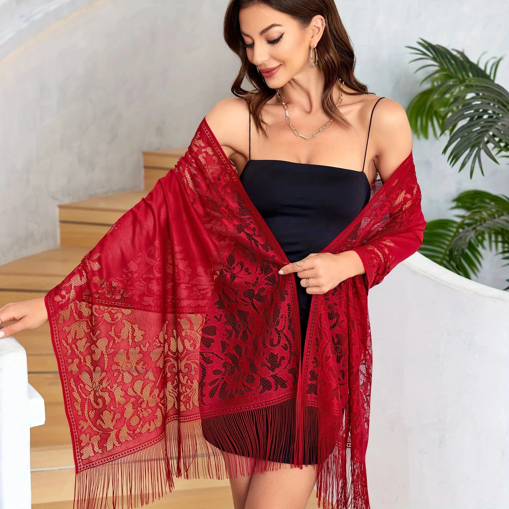 Lace Hollow Hijab Out Shawl Solid Color Tassel Thin Scarf Elegant Outside Dress Shawl For Women Evening Party Prom