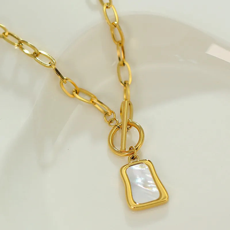 Square Natural Shell Pendant Necklace For Women Gold Color Stainless Steel O Chain Women Neck Choker Fashion Jewelry