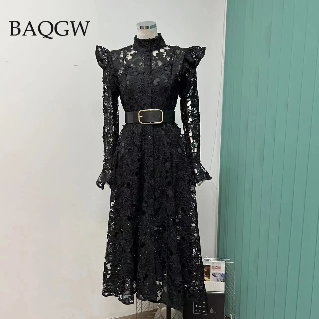 Minimalist Solid Dresses for Women Stand Collar Long Sleeve High Waist Spliced Hollow Out Slim Chic Dress Female Summer 2023