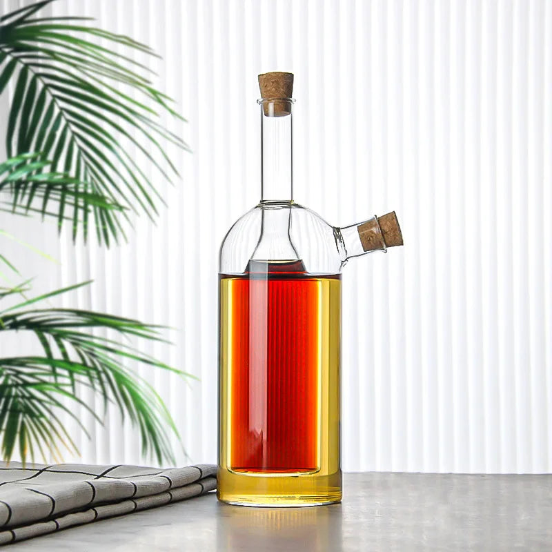 Double-layer Glass Oil Jug 2-in-1 Oil Vinegar Bottle Home Creative Double-mouth Cork Shaped Glass Oil Jug Kitchen Seasoning Tool