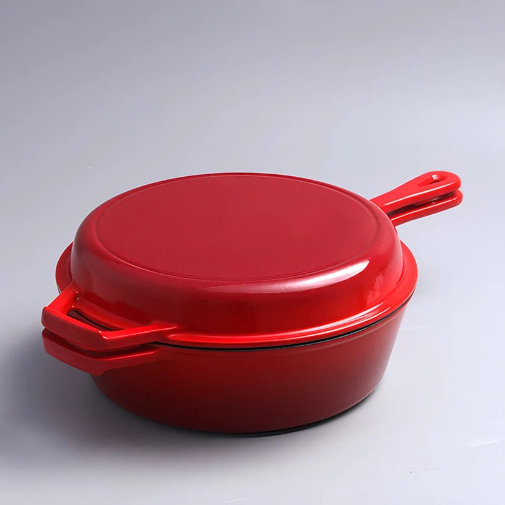 2 in 1 Enameled Cast Iron Pot with Lid 11 Inch Cast Iron Dutch Oven & Skillet Combo, Enameled Cast Iron Cookware with Lid