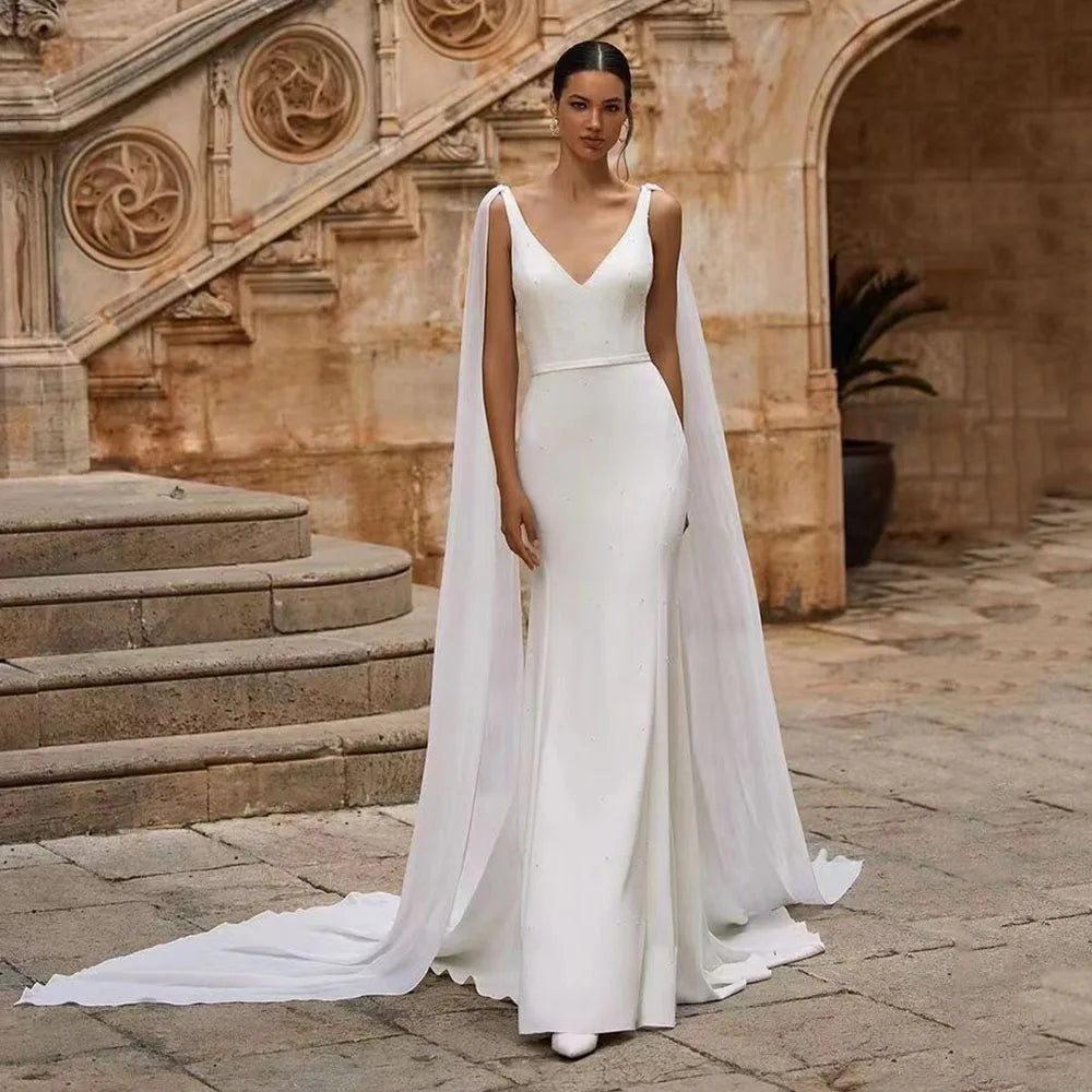 Msikoods 2025 Mermraid Wedding Dresse Cape Customized Backless Minimalist Bride Dress Backless Belt Civil Women Bridal Dress