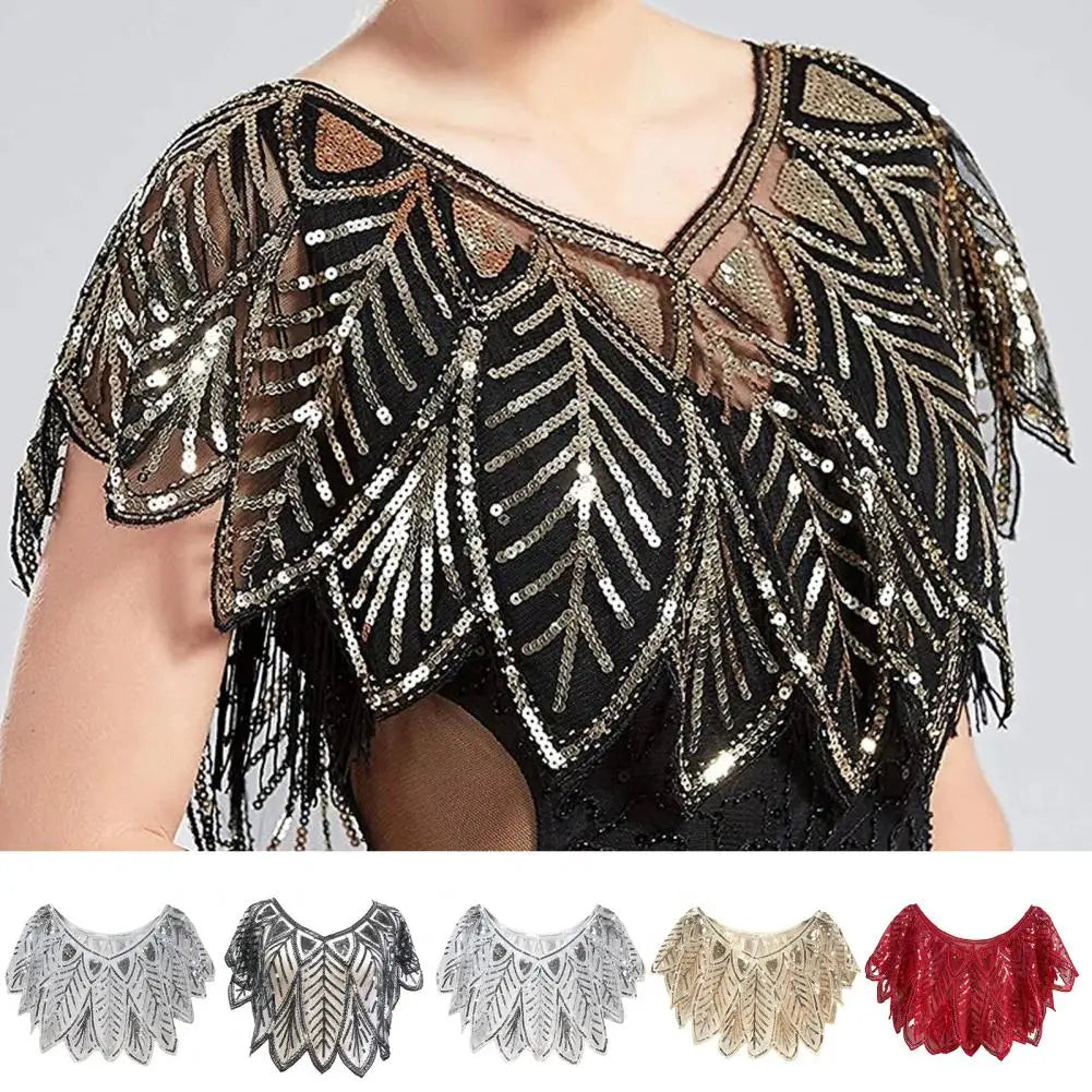 Women 1920s Evening Shawl Elegant Embroidered Beaded Capelet for Women Sparkling Sequin Party Shawl with Leaf Shape Gauze V Neck