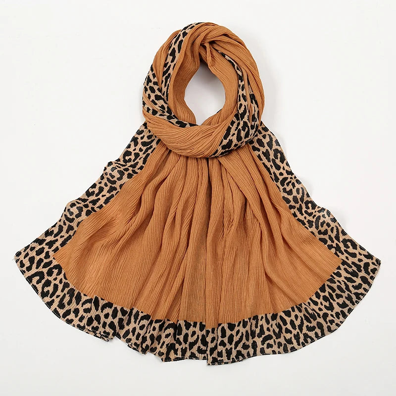Hot Leopard Print Wrinkles Hijab Scarf Polyester Muslim Woman Hijab Shawls Lady Soft Long Wraps Femme Elegant Bandana Turban