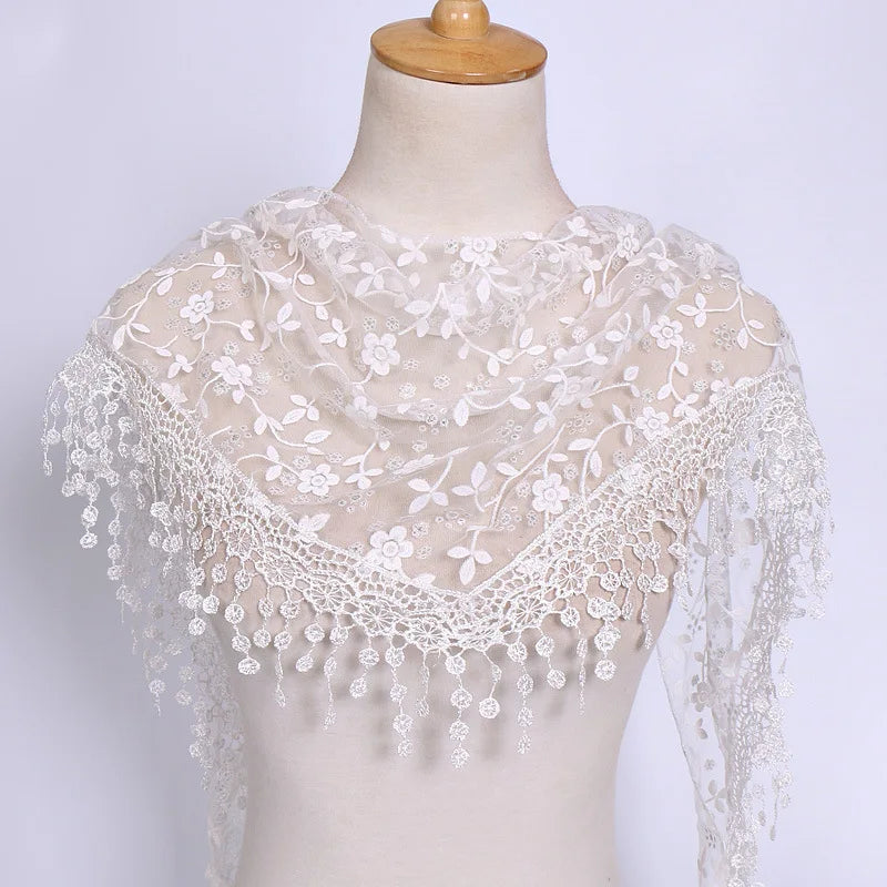 160*50cm Women Tassel Triangle Scarf for Church Prayer Shawl Embroidered Lace Veil Floral Headcovering Veils for the Church's