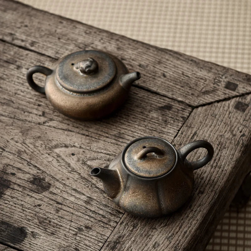 Japanese Style Coarse Pottery Teapot Single Pot Kiln Gilded Rust Glazed Ceramic Drinkware