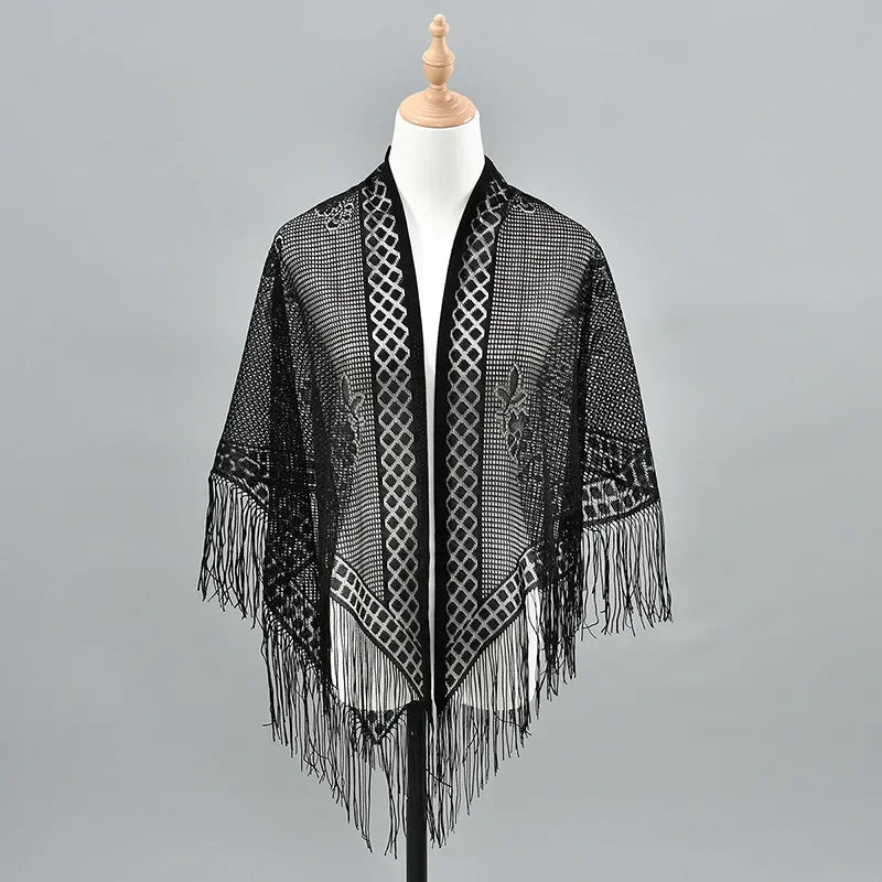 Women Triangle Scarf for Church Prayer Shawl Embroidered Lace Veil Floral Tassel Veils Mantillas for The Church's Pendant Scarve