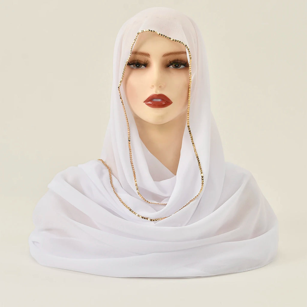 Rhinestone Chiffon Hijab Scarf For Women Stretch Shawl Plain Muslim Headband Fashion Solid Color Long Muffler