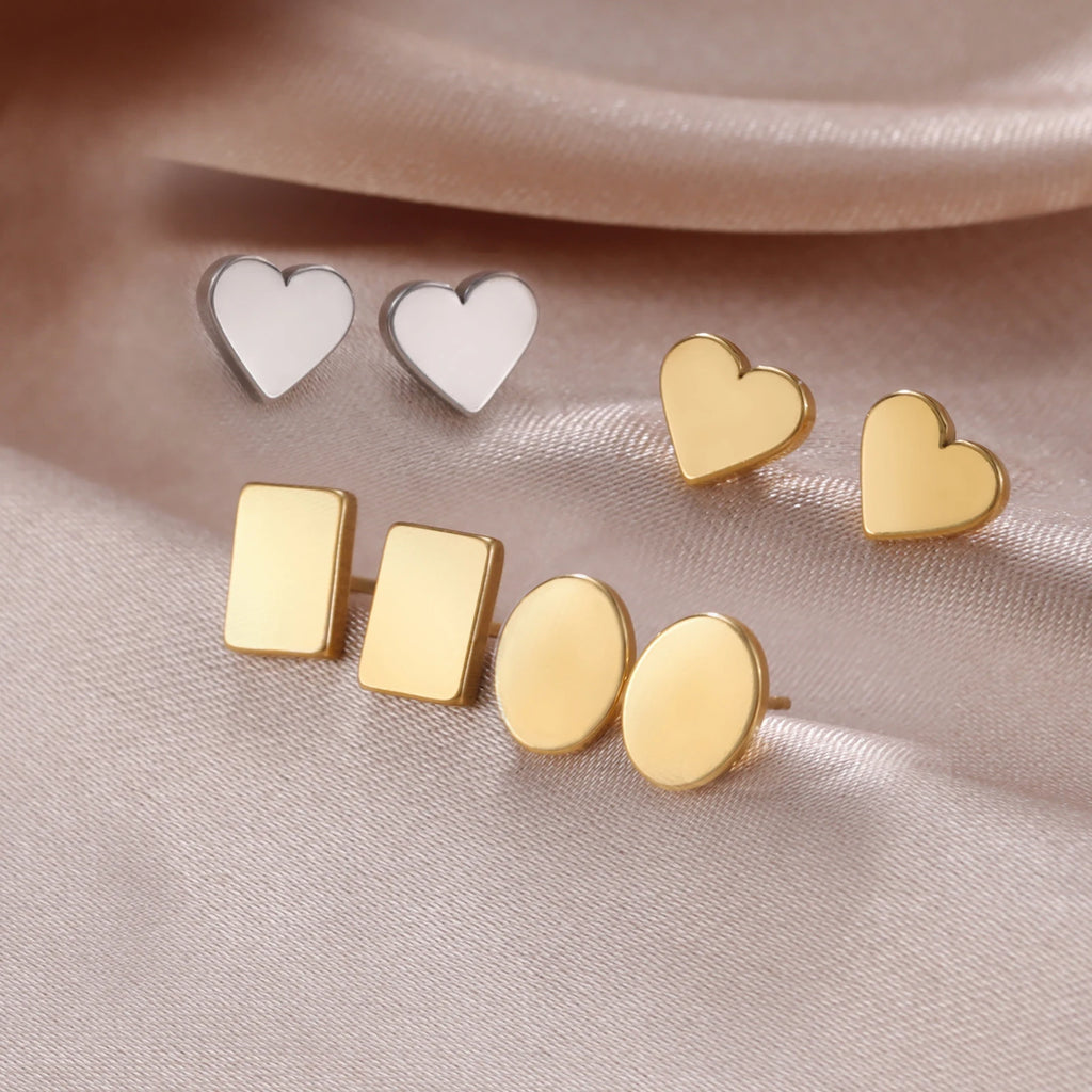 Skyrim Heart Stud Earrings Women Girls Stainless Steel Rectangle Oval Triangle Geometric Earring Minimalist Trend Jewelry Gifts