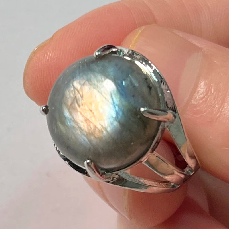 Ring Natural Stone Round Bead Blue Labradorite Adjustable Finger