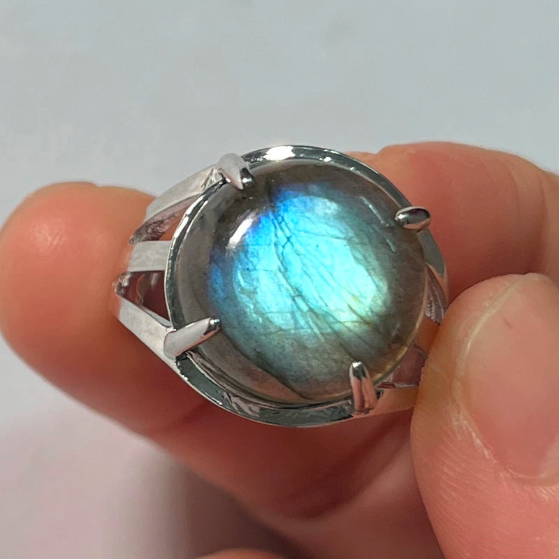 Ring Natural Stone Round Bead Blue Labradorite Adjustable Finger