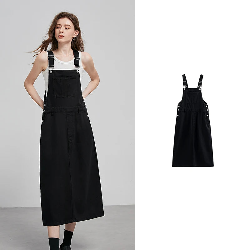 TOYOUTH Women Overalls 2025 Spring New College Style Cotton Medium Length Sleeveless Denim Dress