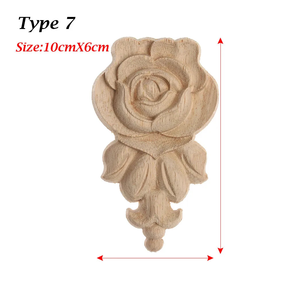 Floral Carved Corner Appliques Woodcarving Rose Natural Wooden Crafts Unpainted Door Adornment Furniture Ornament Home Decor