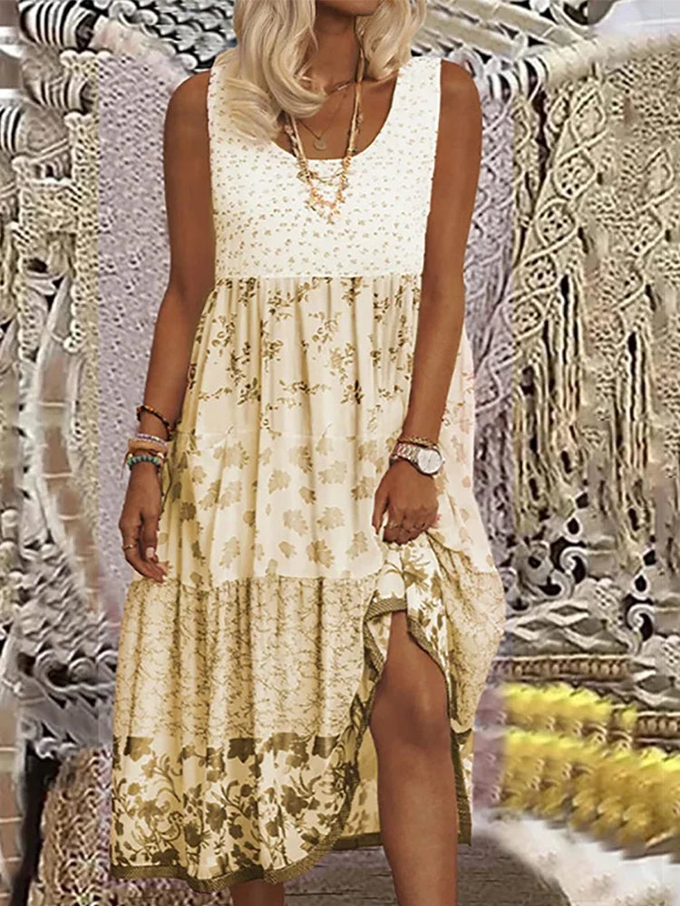 Plus Size Casual Women's Midi Dress 2025 Summer New Floral Printed Sleeveless Flat Neck A-Line Bohemian Beach Dresses