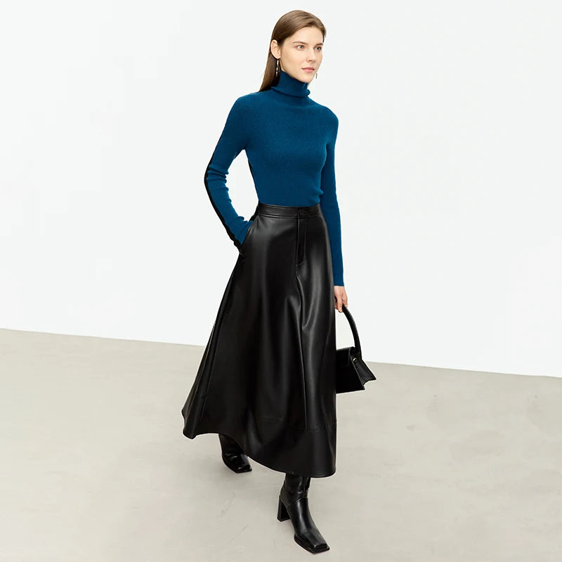 AMII Minimalist Fashion Women Skirt 2023 Autumn New Loose Simple Mid-length A-line Office Lady PU Leather Solid Skirts 12343134