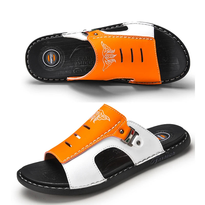 Men's Slippers Summer Leather Sandals New Non-slip Wear-resistant Beach Shoes Leather Sandals Casual Sandals Slippers Slides Men