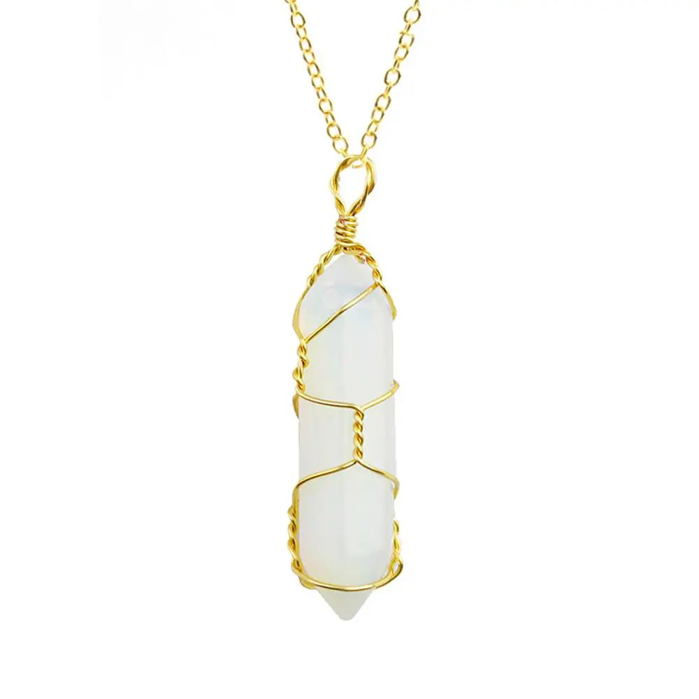 Jewelry Amethyst Tiger Eye Rose Quartz Natural Stone Hexagonal Cylindrical Crystal Necklace Wire Wrap Stone Pendant