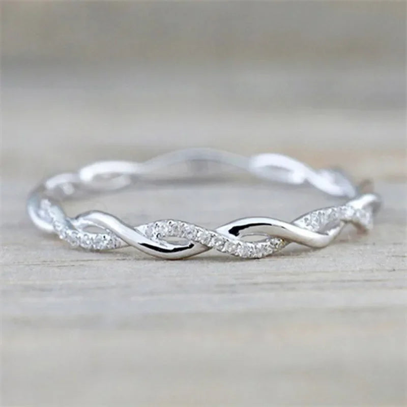 Simple Stylish Women Thin Rings Fancy Twist Band Shiny Crystal Cubic Zircon Rings Daily Wear Versatile Jewelry Minimalist Gift