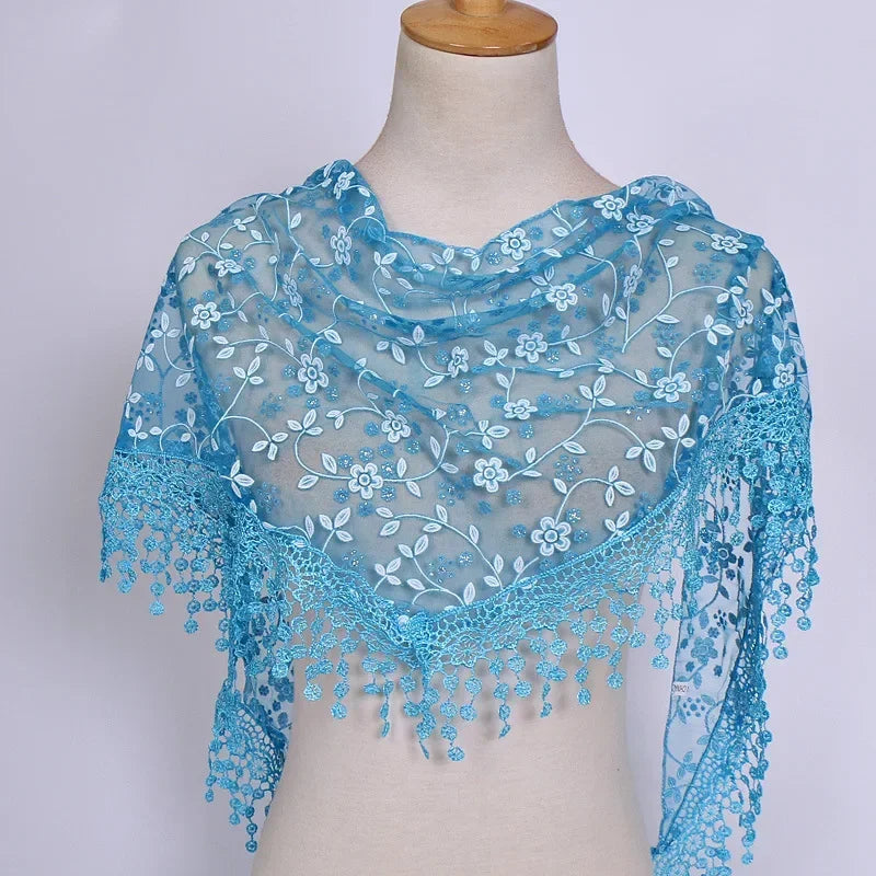 Women Triangle Scarf for Church Prayer Shawl Embroidered Lace Veil Floral Tassel Veils Mantillas for The Church's Pendant Scarve