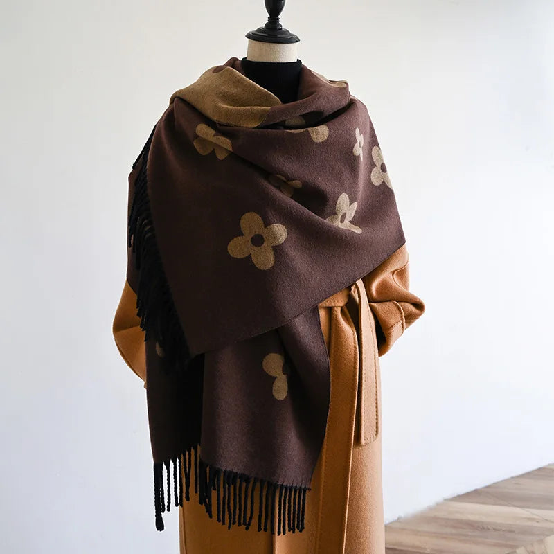 Brand Long tassel flower design luxury Bohemia Imitation Pashmina Thickened 2024 autumn and winter new scarf shawl