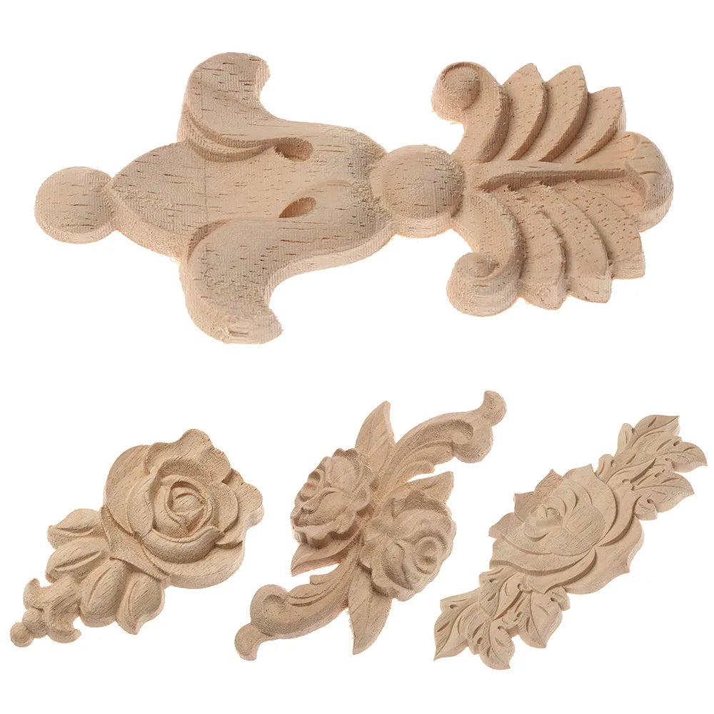 Floral Carved Corner Appliques Woodcarving Rose Natural Wooden Crafts Unpainted Door Adornment Furniture Ornament Home Decor