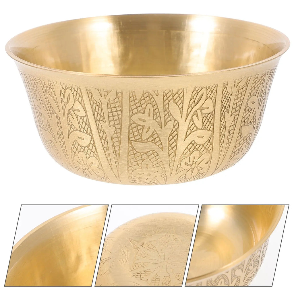 Copper Bowl Set Temple Home Decor Golden Buddha Worship Offering Rice Water Bowls Pure Copper Carved Patterns Round Edge