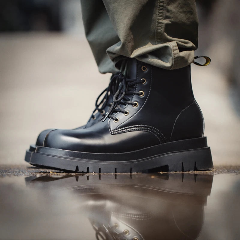 Maden Men's Handmade Cowboy Boots Black Motorcycle Boot British Split Leather TPR Sole Work Safety Boot Mid Outside Shoes
