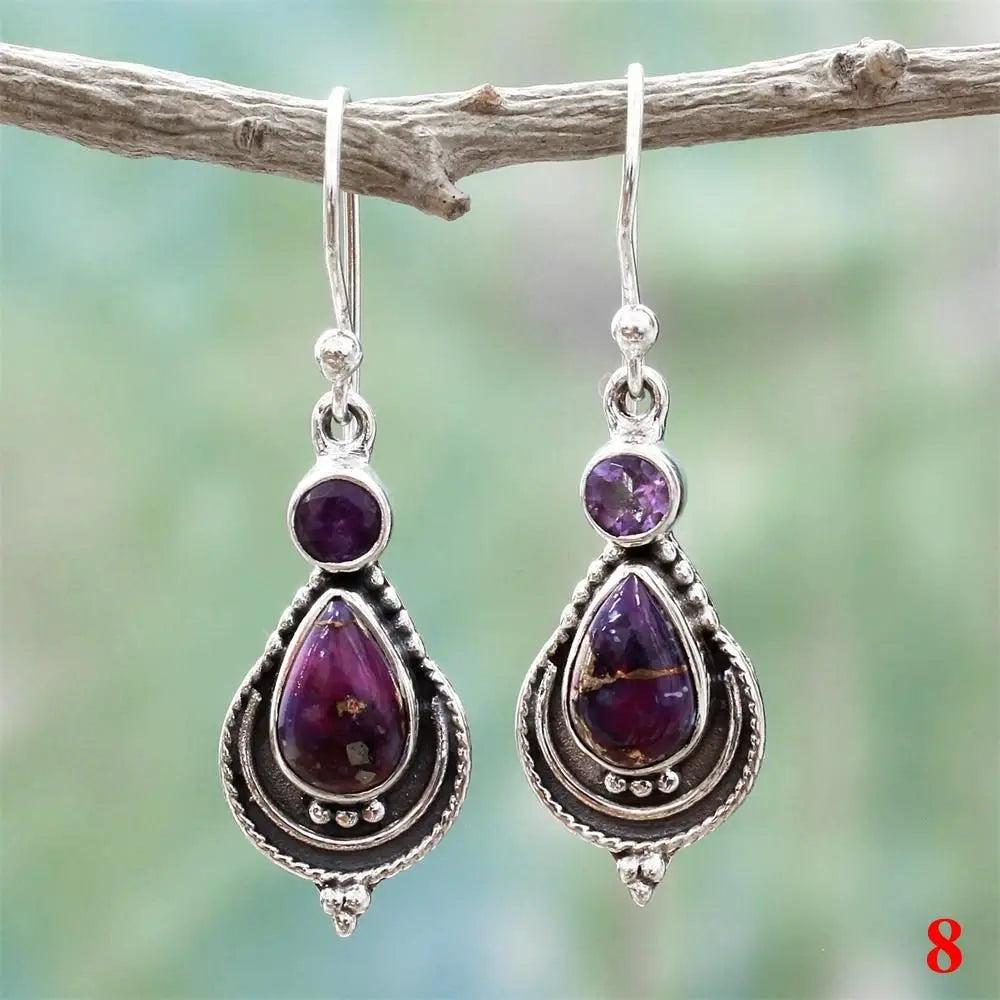 Vintage Women Natural Charm Multi-Gemstone Rainbow Moonstone Peridot Amethyst Turquoise Pendant Earrings Dangle Earrings Jewelry