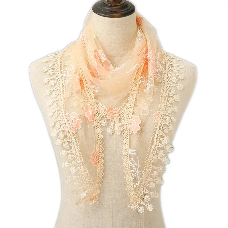 Fashion Women Triangle Wrap Fringed Shawls Head Scarf Tassel Embroidery Lace Scarves Flower Hijab Bandana Prayer Kerchief Church