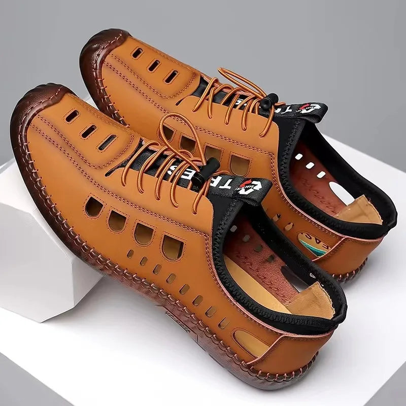 Men's Soft Leather 2024 Summer Men Leather Sandals Breathable Non-slip Cow Tendon Sole Casual Leather Shoes Outdoor Beach Shoes