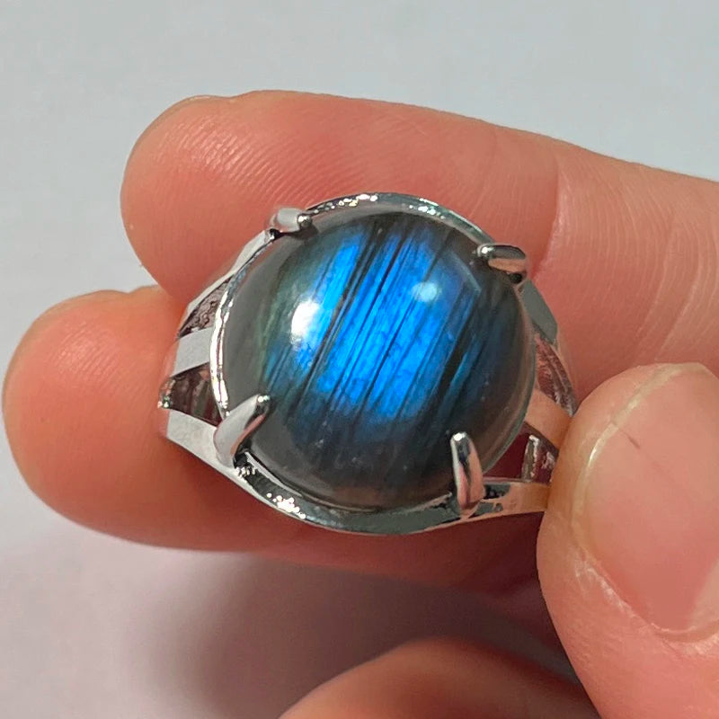 Ring Natural Stone Round Bead Blue Labradorite Adjustable Finger
