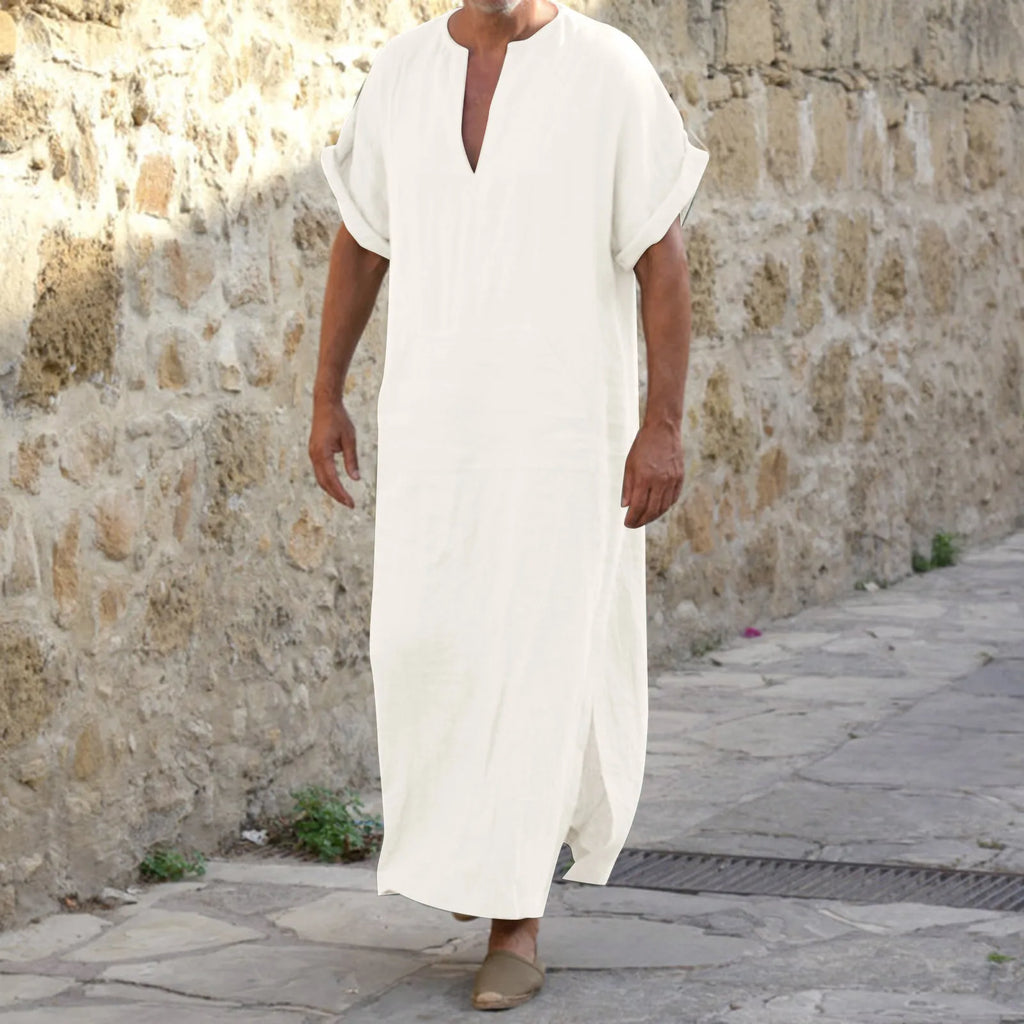 Men's Cotton Linen Long Robe Short Sleeve V Neck Jubba Thobe Arabia Muslim Costume Kaftan Arab Islamic Loose Casual Clothes 2024