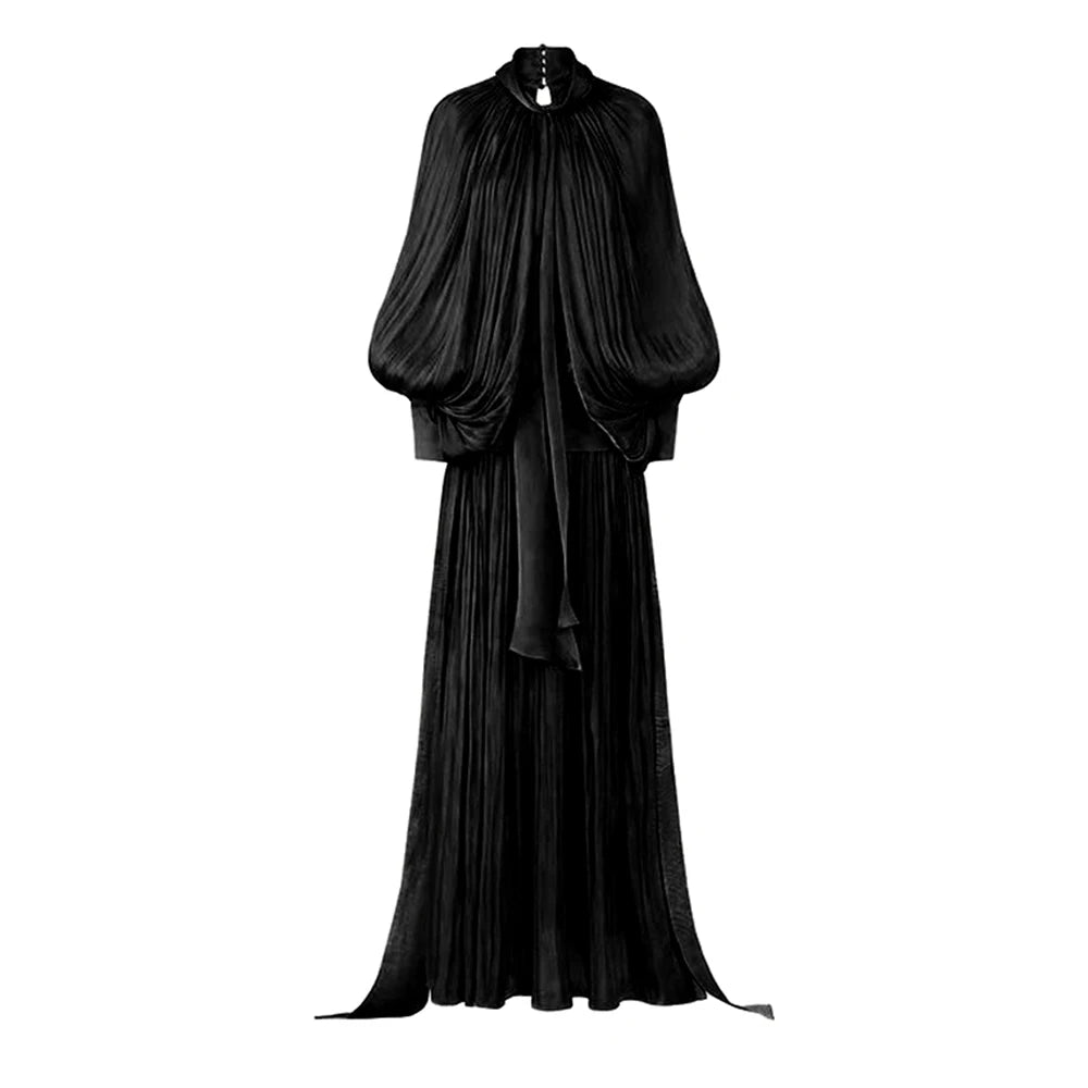VGH Minimalist Spliced Folds Maxi Dresses for Women Scarf Collar Lantern Sleeve Loose Waist Casual Temperament Dress Female New