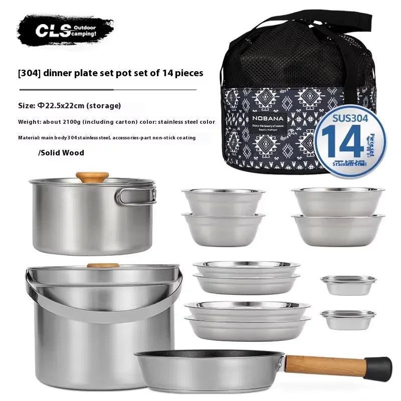 NOBANA 14/22pcs Outdoor Stainless Steel Pot Set Camping Family Pot Set 5L Portable Picnic Soup Pot Frying Steaming Household Pot
