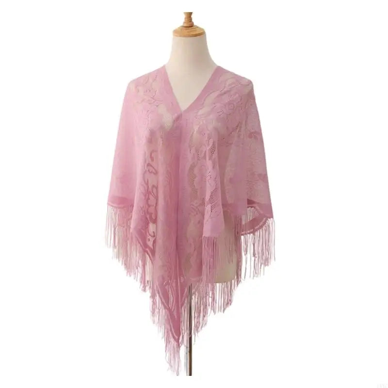 15YC Stylish Lace Ponchos with Fringed Edges Multiuse Shawl for Various Outfit Eye Catching Sunproof Triangle Shoulder Wrap