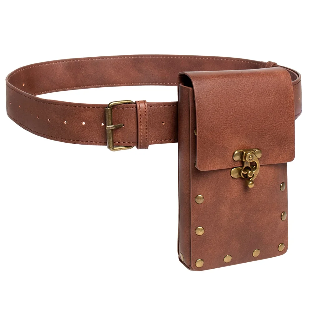 Black Medieval Leather Belt Brave Knight Retro Copper Coin Waist Bag Gold Hardware Skirt Clip Cosplay Role-playing Props Belt