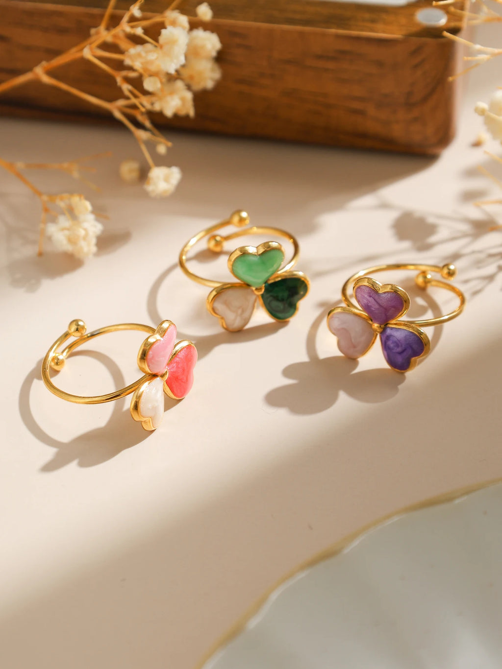 Multicolor Enamel Clover Stainless Steel Ring Women's Creative Meaning Lucky and Cute 18K Gold Plated Jewelry Waterproof