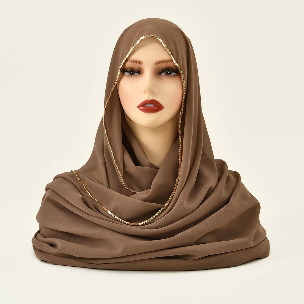 Rhinestone Chiffon Hijab Scarf For Women Stretch Shawl Plain Muslim Headband Fashion Solid Color Long Muffler