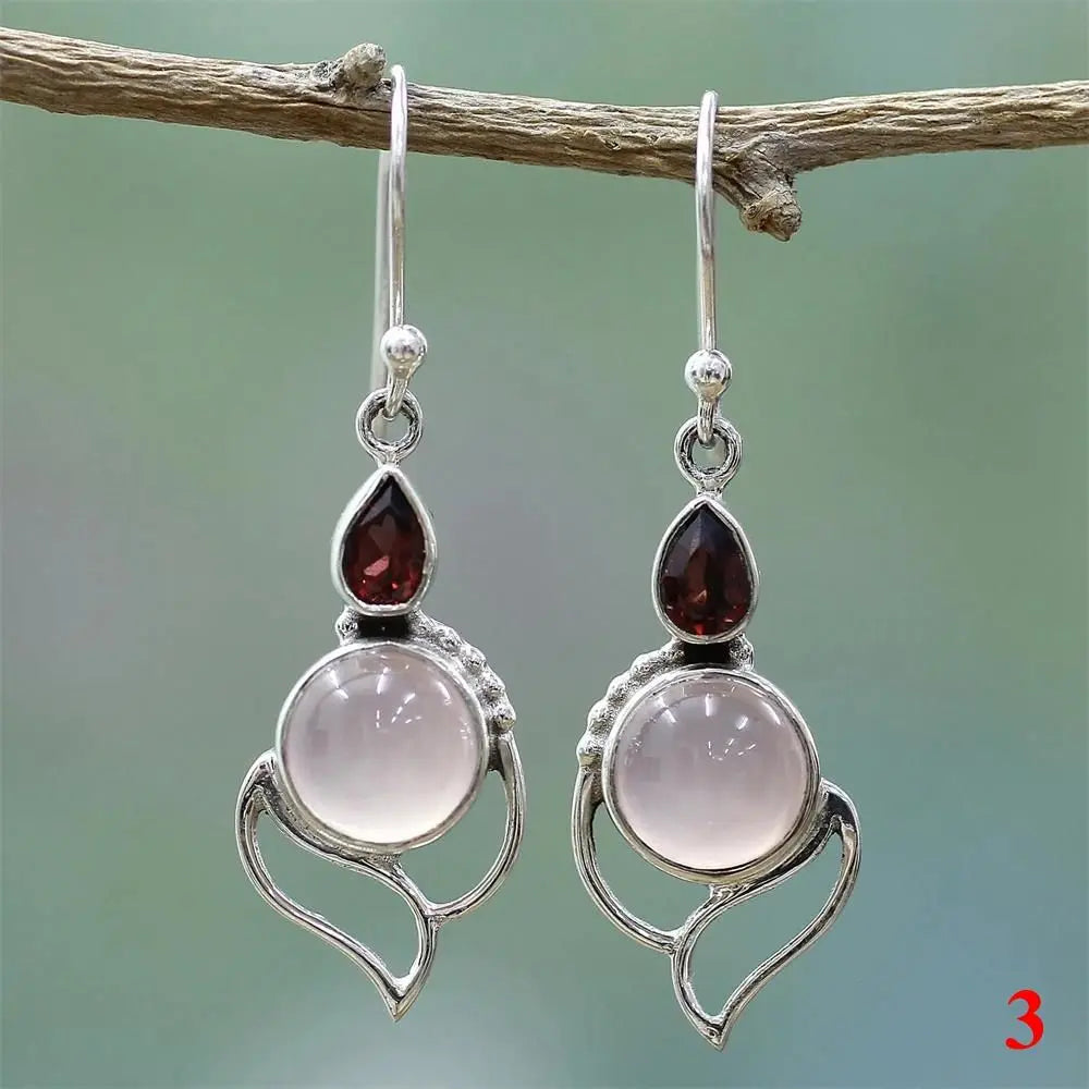 Vintage Women Natural Charm Multi-Gemstone Rainbow Moonstone Peridot Amethyst Turquoise Pendant Earrings Dangle Earrings Jewelry