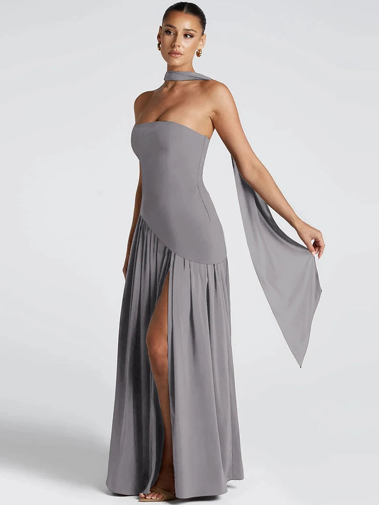 kliou Patchwork Draped Women Dress Classic Solid Wrapped Chest Draped Flare Long Robe Mujer Concise High Street Elegant Frock
