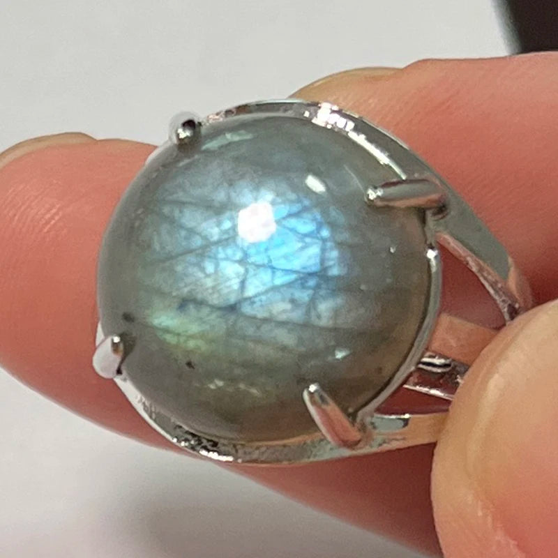Ring Natural Stone Round Bead Blue Labradorite Adjustable Finger
