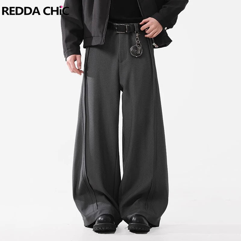REDDACHiC Men's Pleated Silhouette Wide Leg Pants Unisex Casual Loose Clean Fit Barrel Plain Black Trousers Office Work Clothes