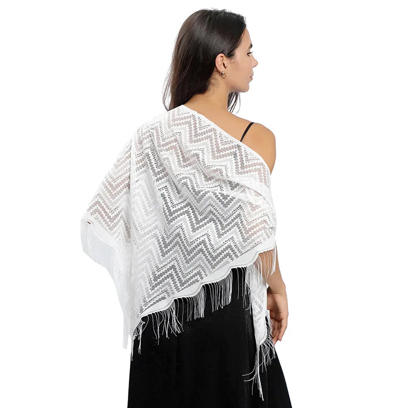 Elegant Lace Wavy Triangle Shawl Hollow Mesh Thin Breathable Tassel Scarf Party Evening Dress Versatile Shawl