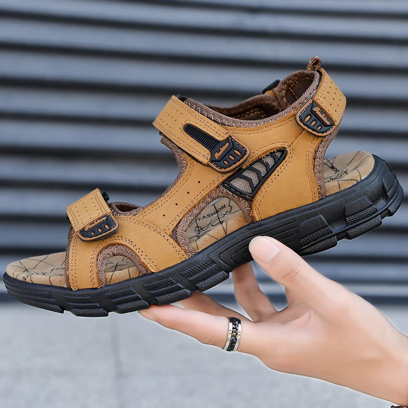 Classics Men's Sandals Summer Genuine Leather Sandals Handmade Outdoor Mesh Men Footwear Soft Breathable Metal Leather Slippers